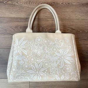 Oscar De La Renta Canvas Tote Beige with White Floral